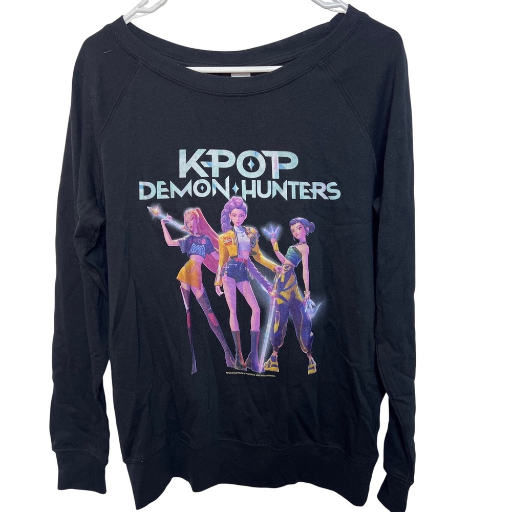 Netflix K-Pop‎ Demon Hunters Black Graphic Sweatshirt S 2023 Raglan Pullover Y2K